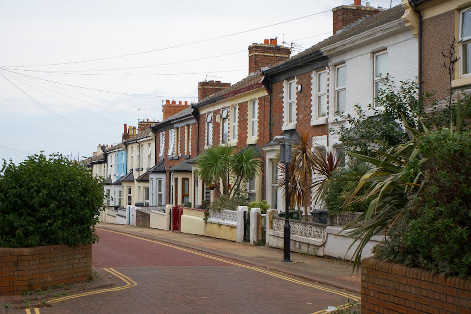 A row of terraced houses on Ealing Road, featuring a variety of brickwork and painted facades, with neatly maintained front gardens. Some gardens include palm trees, shrubs, and ornamental plants. The